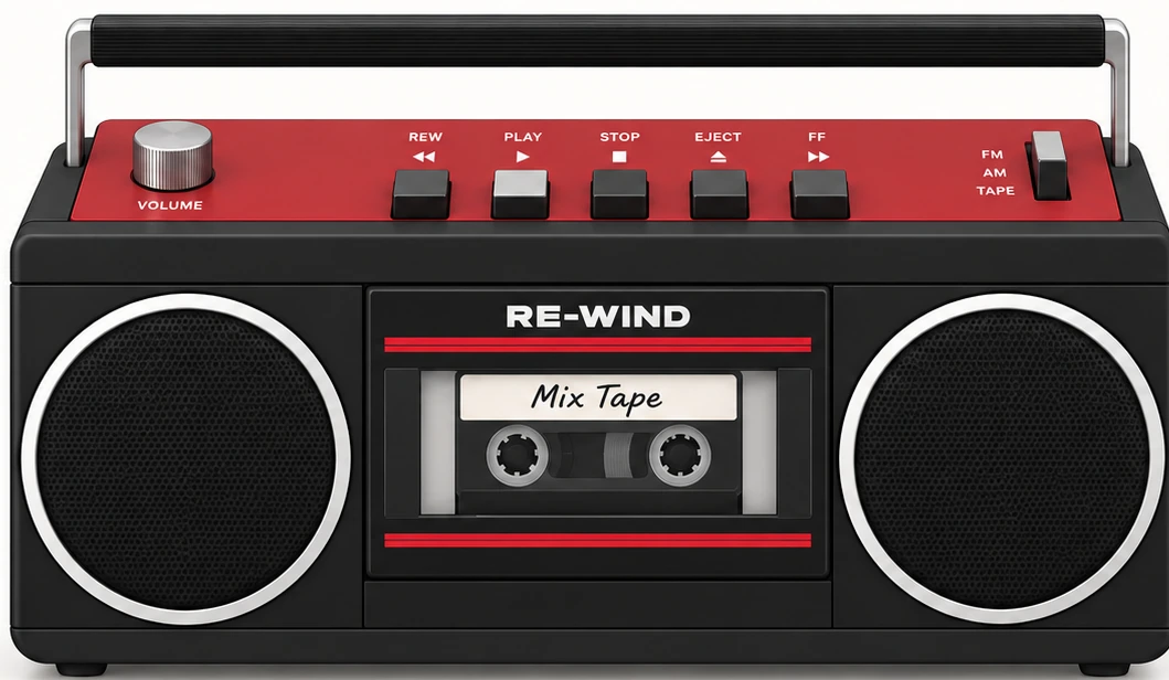 Black RE-WIND cassette stereo with volume knob, rewind, play, stop, eject, fast forward, twin speakers, and a cassette deck